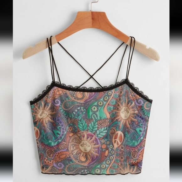 Romwe~ Celestial Whimsigoth Lace Trim Crisscross Crop Tank Top L/XL - Picture 11 of 11